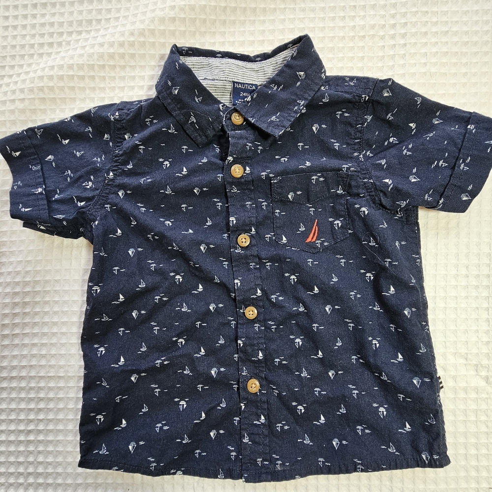 Nautica Baby Toddler Navy Sailboat Preppy Short Sleeve Button Down Shirt 24 Mos